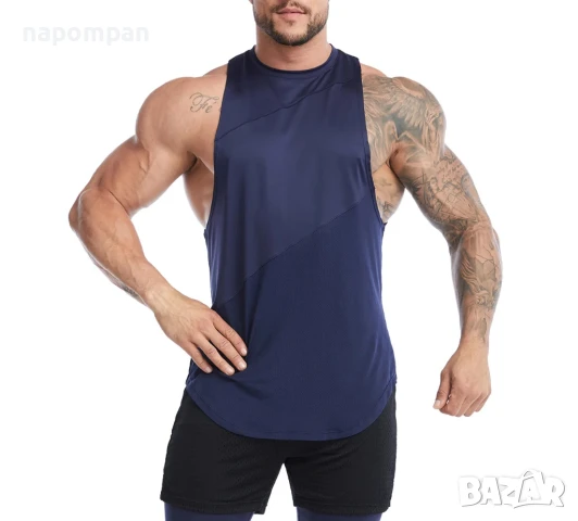 Спортни Мъжки Сини Потници За Фитнес Тренировка - Изрязани