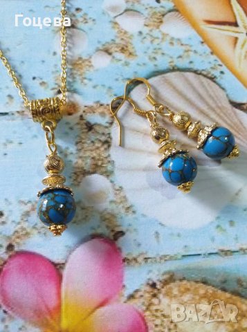 Уникални обеци с редкият камък син Азурит и орнаменти цвят злато, снимка 10 - Обеци - 40714402