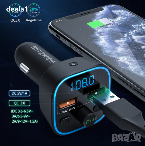 BlitzWolf BW-BC1 FM Tрансмитер Зарядно Bluetooth 5.0, 2xUSB + MicroSD, снимка 7 - Друга електроника - 36529898