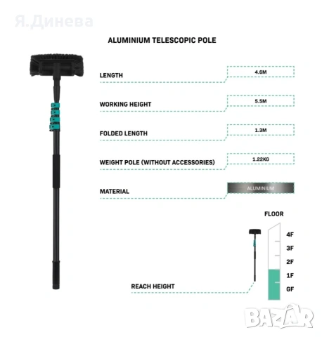 Прът за почистване на прозорци Vonroc 4м, снимка 3 - Други стоки за дома - 53249818