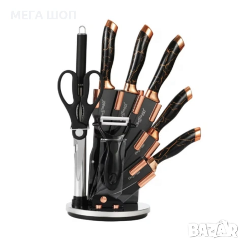 Комплект уреди за рязане Cheffinger – 9 части с мраморно покритие, стойка, точило и белачка, снимка 3 - Други - 53928708