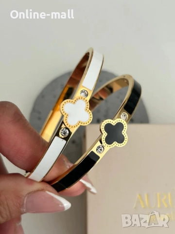 Луксозна дамска гривна с детелини в стил Van Cleef – черна или бяла