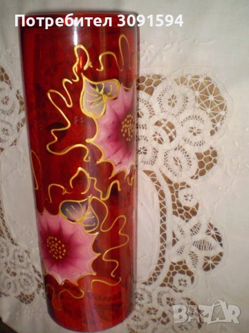 Ръчно Рисувана Голяма Стъклена Червена ваза, снимка 2 - Антикварни и старинни предмети - 40485308