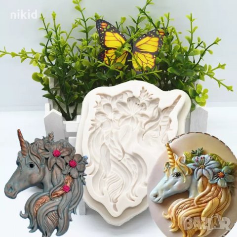 Голяма красива глава еднорог с грива в цветя силиконов молд форма декорация украса торта фондан гипс