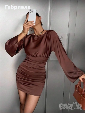 Нова къса кафява рокля с дълъг ръкав, снимка 2 - Рокли - 53014710