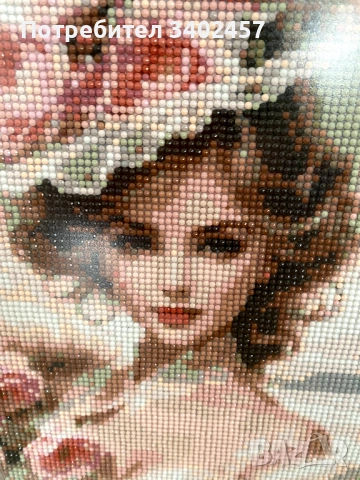 Гоблен с мъниста в рамка, 27 х 37 см, жена с цветя, снимка 3 - Гоблени - 53223311