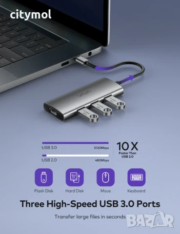 VAVA 7-в-1 USB C хъб с 4K 60Hz HDMI, 3xUSB 3.0, USB C - PD,Micro SD и SD четец на карти, снимка 5 - Други - 51127846