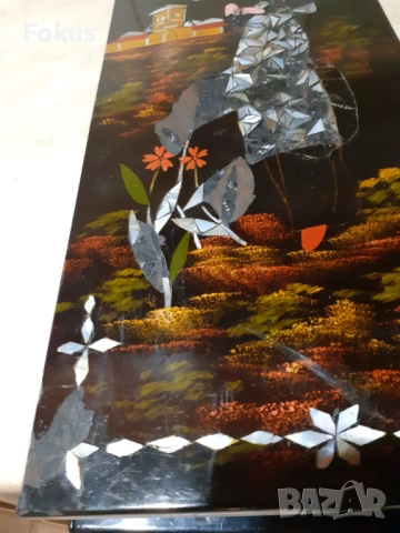 Уникална японска лакова картина с интарзия от седеф, снимка 5 - Антикварни и старинни предмети - 53347344
