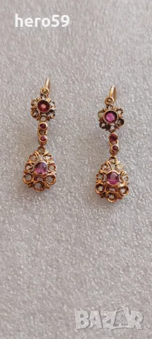 Стари дамски златни обеци с инкрустирани рубини и диаманти.Злато 14к , снимка 1