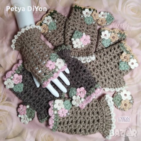 Ръкавици и брошка какао и розово, снимка 2 - Ръкавици - 31234324