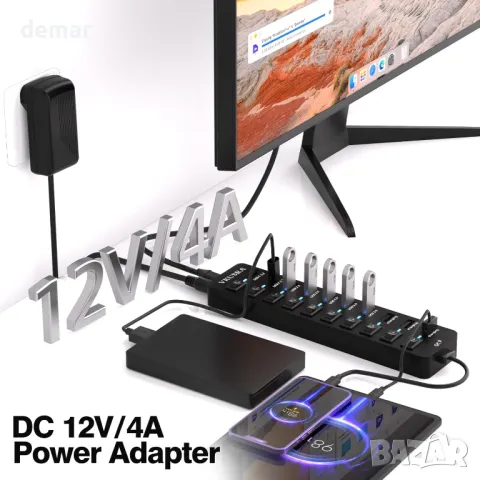 Захранван USB хъб, VKUSRA 11-портов USB 3.2/USB C хъб с 10Gbps USB-A и 2 USB C 3.2 порта, снимка 6 - Друга електроника - 49088388