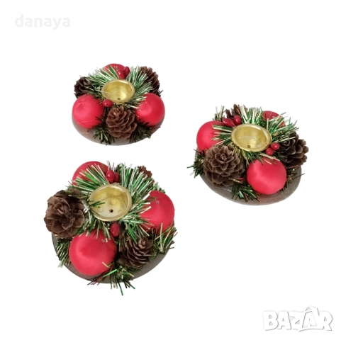 6185 Комплект коледни поставки за тънка свещ, 3 броя, снимка 3 - Декорация за дома - 52027523