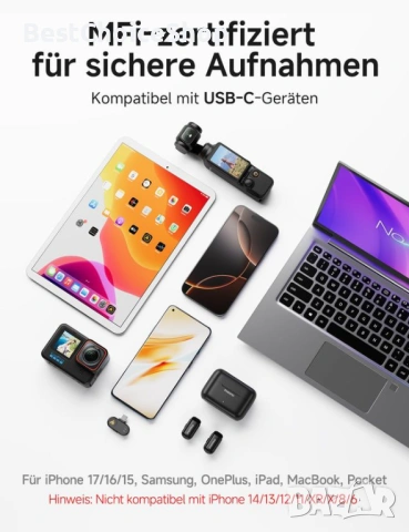 Maono Wave T1 безжичен лавалиер микрофон USB-C, 48kHz шумопотискащ, снимка 7 - Селфи стикове, аксесоари - 54117729