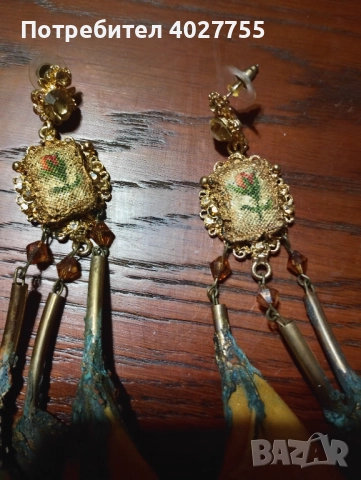 Обеци цветя с гоблен. Ръчна изработка , снимка 2 - Обеци - 52365817