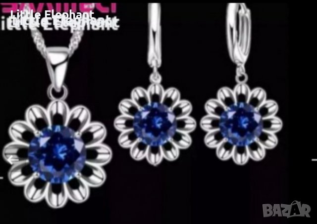 Sale Сребърно колие с ланче цвете,dark blue/Сребърни висящи обеци цвете с кристали,dark blue/нови