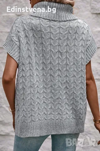 Дамски пуловер в сиво с къс ръкав и поло яка, снимка 2 - Блузи с дълъг ръкав и пуловери - 48577322