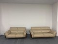 Кремави дивани тройка и двойка от естествена кожа и плат, снимка 1 - Дивани и мека мебел - 39329834