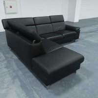 Черен кожен ъглов диван "Boreas" с релаксиращ механизъм, снимка 6 - Дивани и мека мебел - 39394554