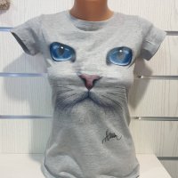 Нова дамска сива тениска с 3D принт Котка със сини очи, снимка 8 - Тениски - 29126621