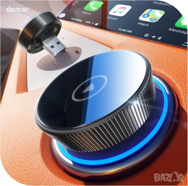 Cleviton - Apple Carplay безжичен адаптер, Bluetooth 5.3 и WiFi 6, USB A/C, черен, снимка 1