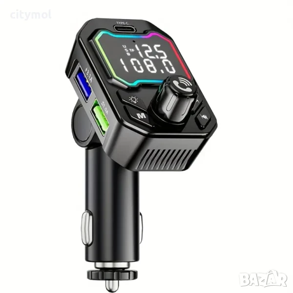 CAR Bluetooth FM трансмитер - 3.1 А, 7 LED светлини, 2xUSB + TYPE C, microSD карта, AUX, волтметър, снимка 1