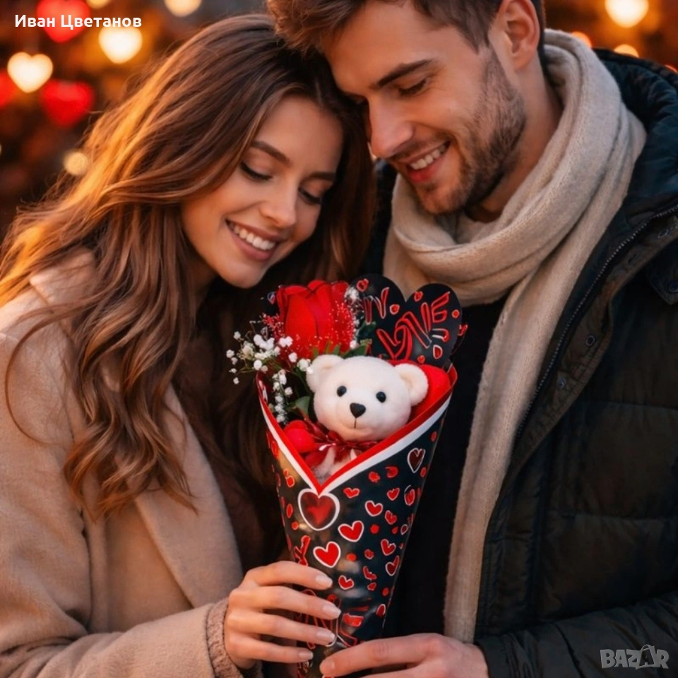 Романтичен букет с плюшено мече и роза, снимка 1