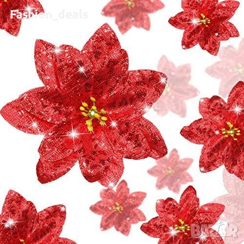 Нови Блестящи Коледни Цветя Пуансетия 24 броя за Декорация Украса , снимка 1