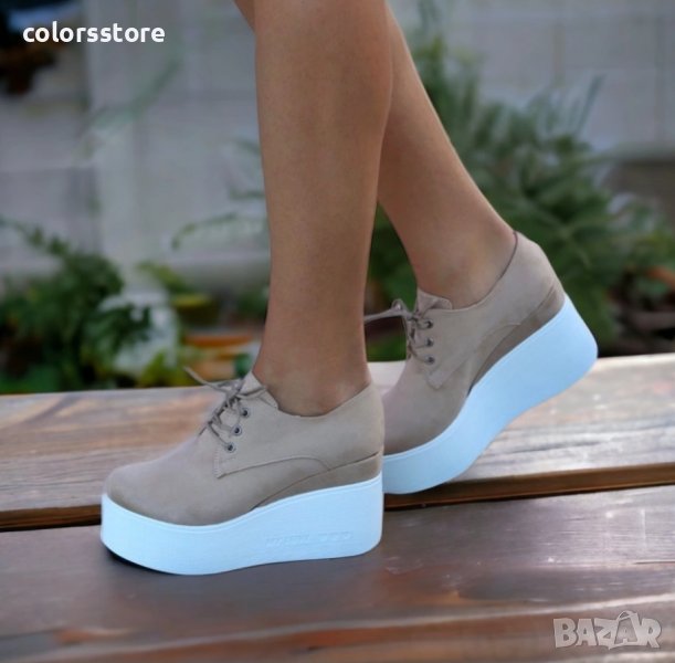  Обувки на платформа - бежов велур с бяло ходило - 120K, снимка 1