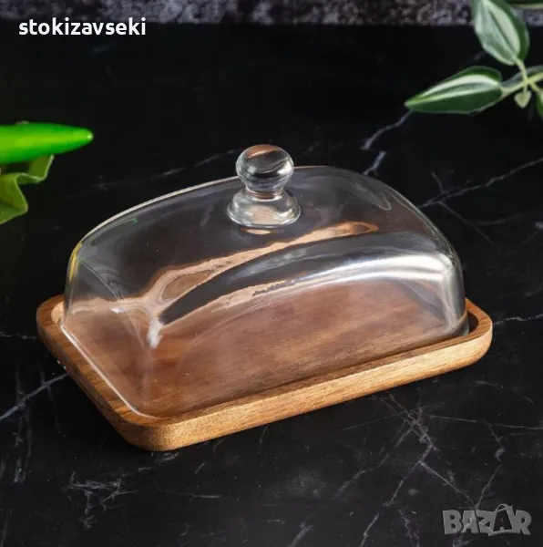 Стъклена кутия за масло с акациева и стъклен капак, снимка 1
