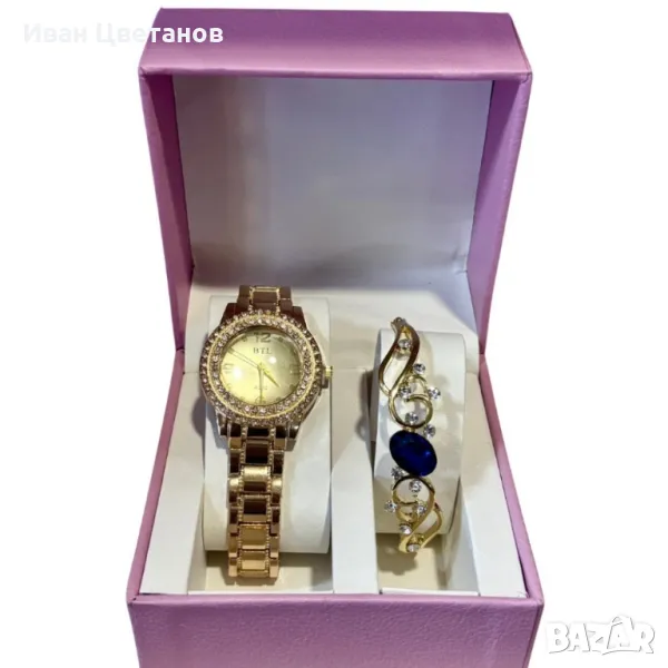 Луксозен дамски комплект – елегантен часовник и изискана гривна със скъпоценни камъни, снимка 1