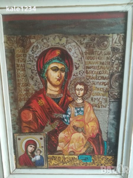 Икона. Картина на платно. Маслени бои. Дева Мария и Младенеца. Богородица. Исус Христос. Vintage, снимка 1