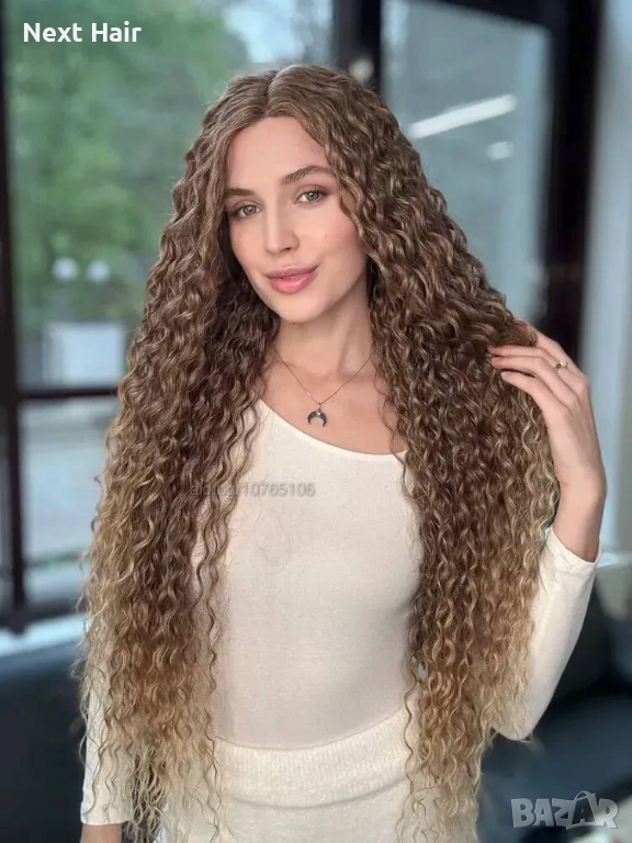 Омбре къдрици 80 см - кафява перука с реалистичен път 13x4x1, снимка 1