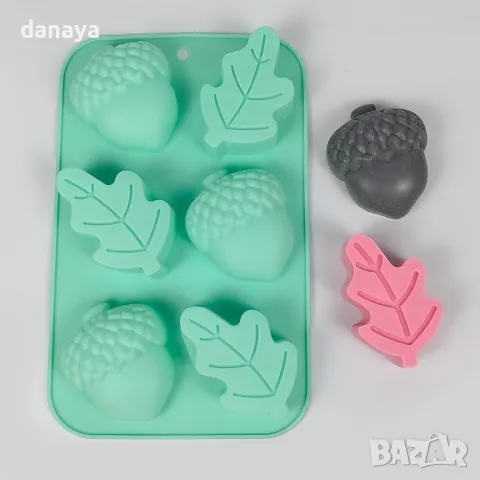 5607 Силиконова форма Есенно листо и Жълъди, 6 гнезда, снимка 4 - Форми - 48708706