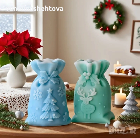 3D коледен чувал 2 модела с елха елен Силиконов молд форма за свещи гипс сапун смола , снимка 6 - Форми - 51658541