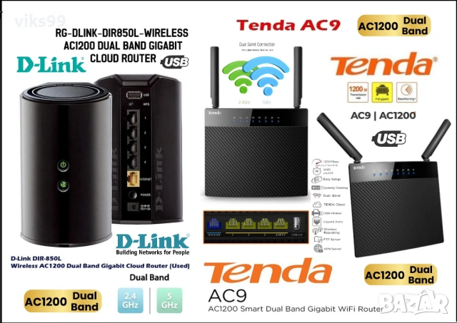 Wi-Fi Гигабитови Рутери AC1200 с USB D-Link и Tenda