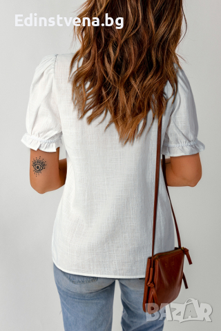 Дамска блуза в бяло с къс ръкав и бродерия с флорален мотив, 100% памук, снимка 11 - Тениски - 44741107