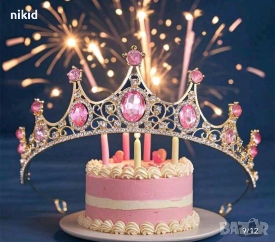 Златиста Метална с розови бели камъни елегантна корона тиара дамска детска за декор торта, снимка 2 - Аксесоари за коса - 51086797