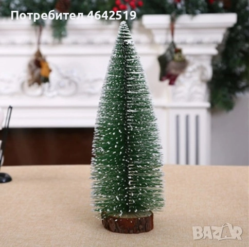 Миниатюрна декоративна изкуствена елха с поставка от дървено пънче, 15 см и 30 см височина, снимка 3 - Декорация за дома - 52304763
