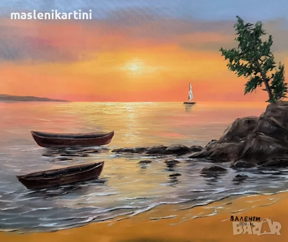 Морски залез и лодки в морето маслена картина , снимка 2 - Картини - 49688163