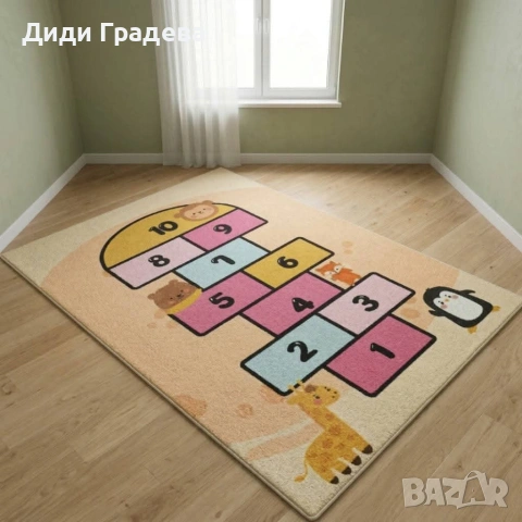 Детски килим за игра 120х160см - Жълт килим с планети и дама, противоплъзгащ и миещ се, снимка 2 - Други - 53882680