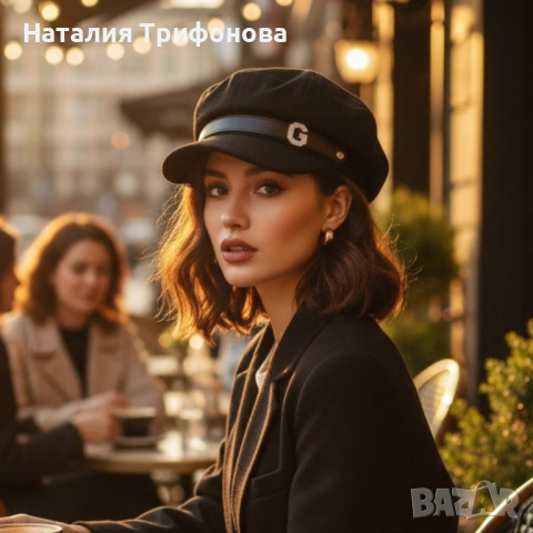 Елегантна дамска шапка тип фуражка с декоративна лента и метално лого, снимка 7 - Шапки - 54093530