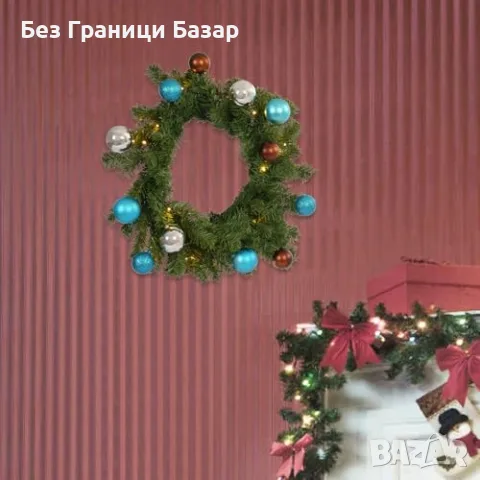 Нов Коледен Венец с LED Светлини 45см Таймер Изкуствен Бор Празнична Украса, снимка 6 - Декорация за дома - 55955159