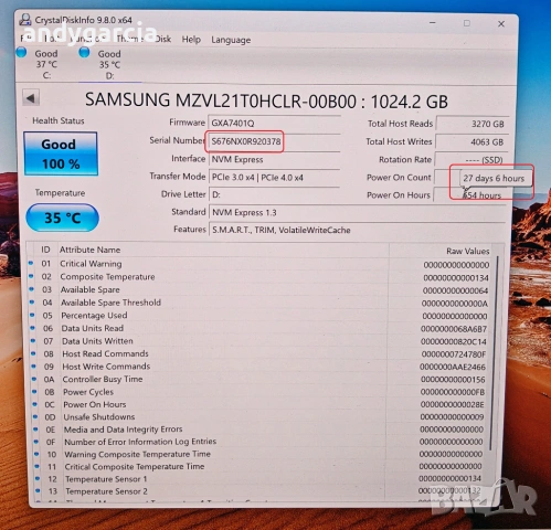  1024GB Samsung EVO 980 Pro OEM 1TB SSD NVMe 7000/5100mb read/write Samsung PM9A1 работил 27 дни , снимка 4 - Твърди дискове - 53902407