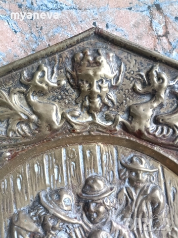 Vintage, метална, осмоъгълна чиния, пано в холандски или фламандски стил. , снимка 3 - Пана - 51888889