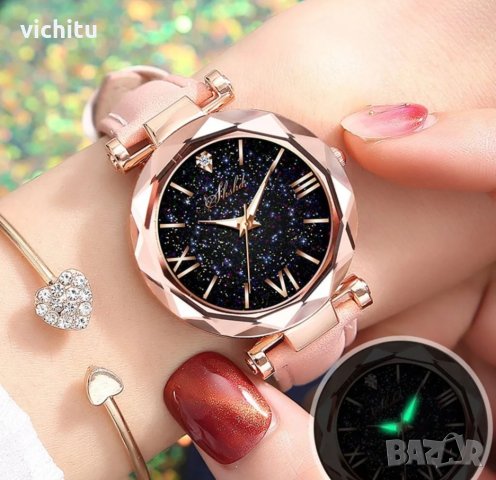 Нов дамски часовник с нежно розова кожена каишка