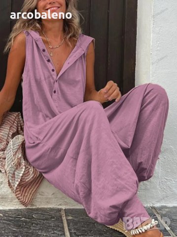 Едноцветен дамски гащеризон с качулка и копчета без ръкави, 6цвята , снимка 10 - Гащеризони - 40394395