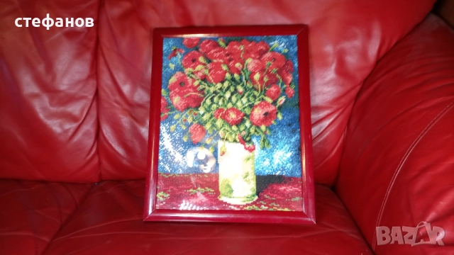 Рамкиран гоблен „Макове във ваза”, снимка 6 - Гоблени - 52144701