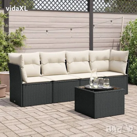 vidaXL Градински комплект с възглавници, 5 части, черен полиратан（SKU: 3217236）, снимка 2 - Маси - 56077351