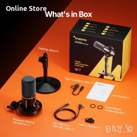 MAONO PD200W хибриден безжичен подкаст микрофон – USB, XLR, wireless, със стойка, снимка 3 - Микрофони - 54176380