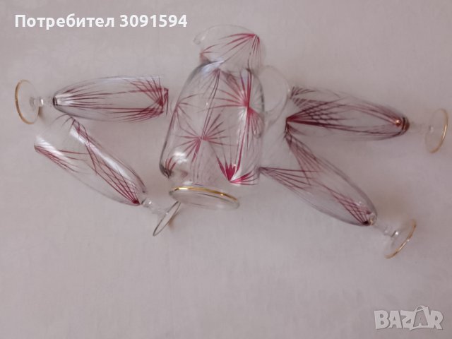  Винтидж Германия ,Комплект кана и 4 чаши за вино рисуваниано стъкло , снимка 16 - Други ценни предмети - 44422620